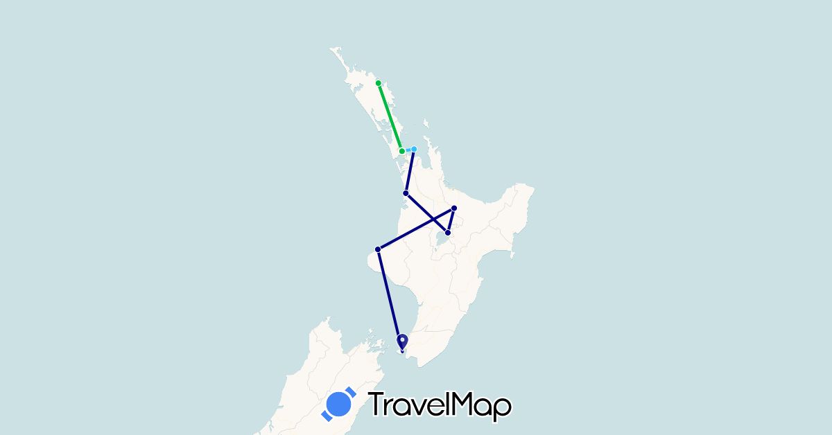 TravelMap itinerary: driving, bus, boat in New Zealand (Oceania)
